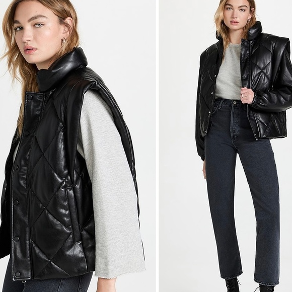 NWT Pistola Callista Convertible Faux Leather Puffer Jacket/Vest in Noir Black M
